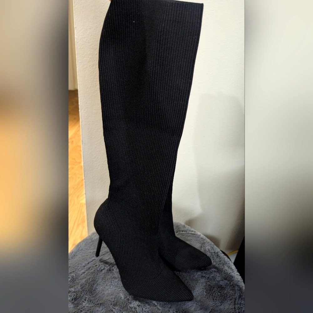 Black Sock Stiletto, Over the Knee Pointed Toe Boots; good as new!